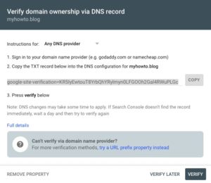 Verify domain ownership via DNS record in Google and Dreamhost