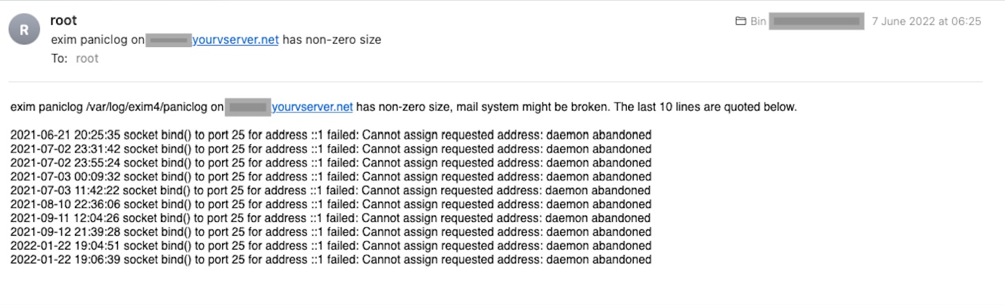 Resolve exim paniclog on localhost has non-zero size